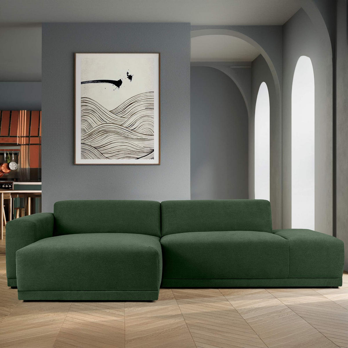 ECKSOFA LINKS MUDI in moderner Optik mit hochwertigem Kaltschaum, Cord-Stoff, Grün - Schwarz/Grün, Textil (280/160cm) - KONSIMO®