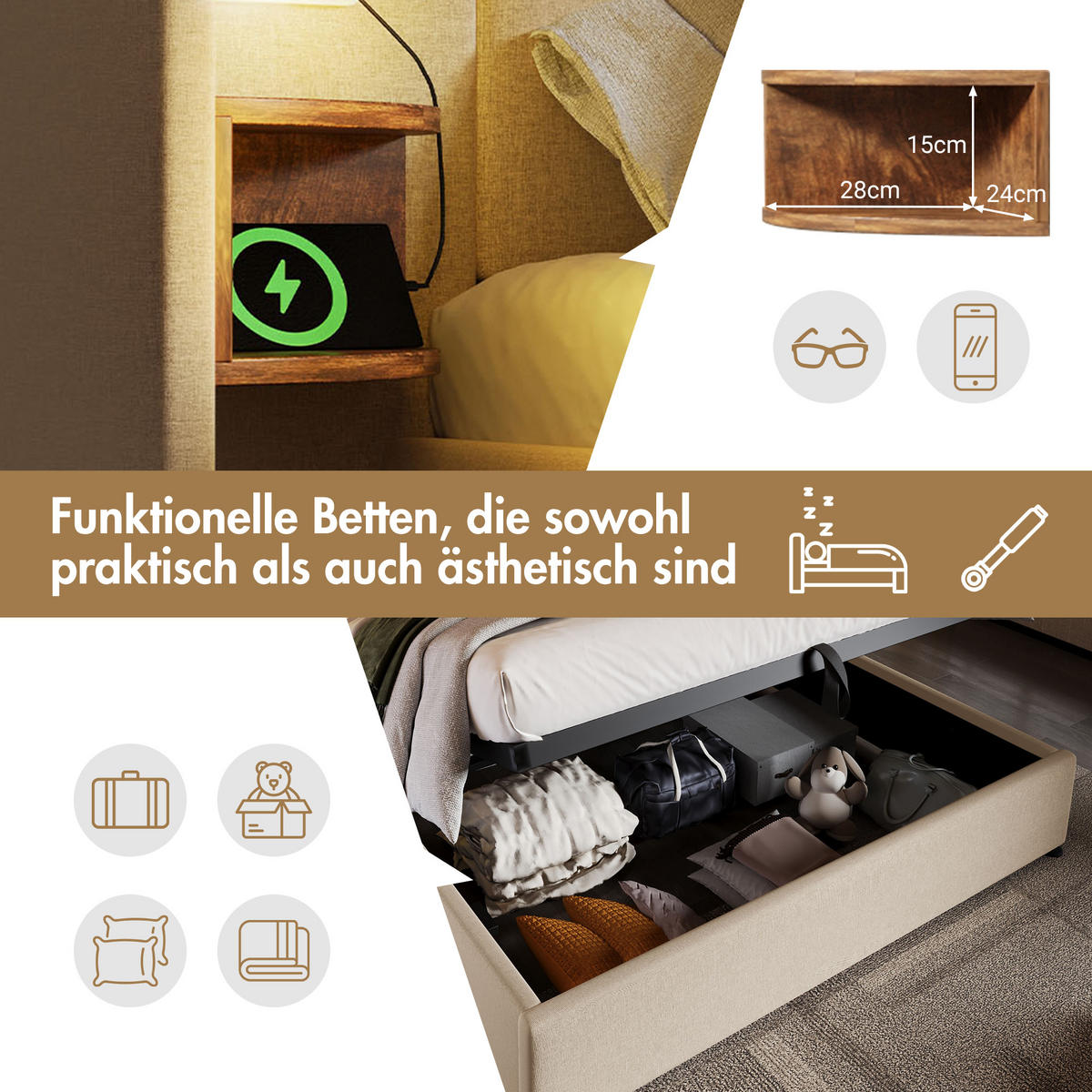 BETTANLAGE 160/200 cm in Beige mit Stauraum, Leselampe und USB Type-C Leinen - Beige, Holzwerkstoff/Textil (160/200cm) - STILVORA