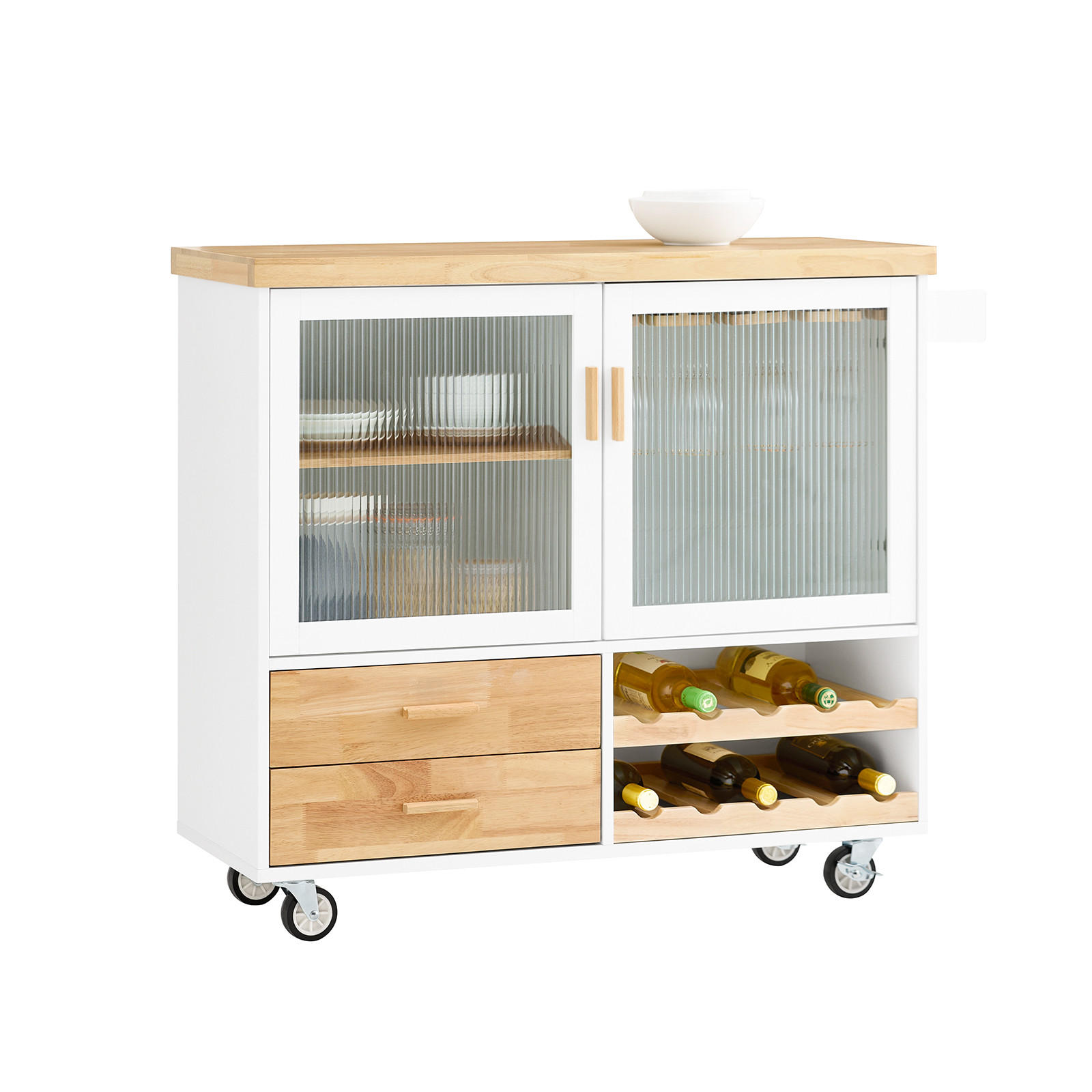 KÜCHENINSEL rollbar Weiß-Natur - Weiß, Glas/Holz (109/92/40cm) - SoBuy