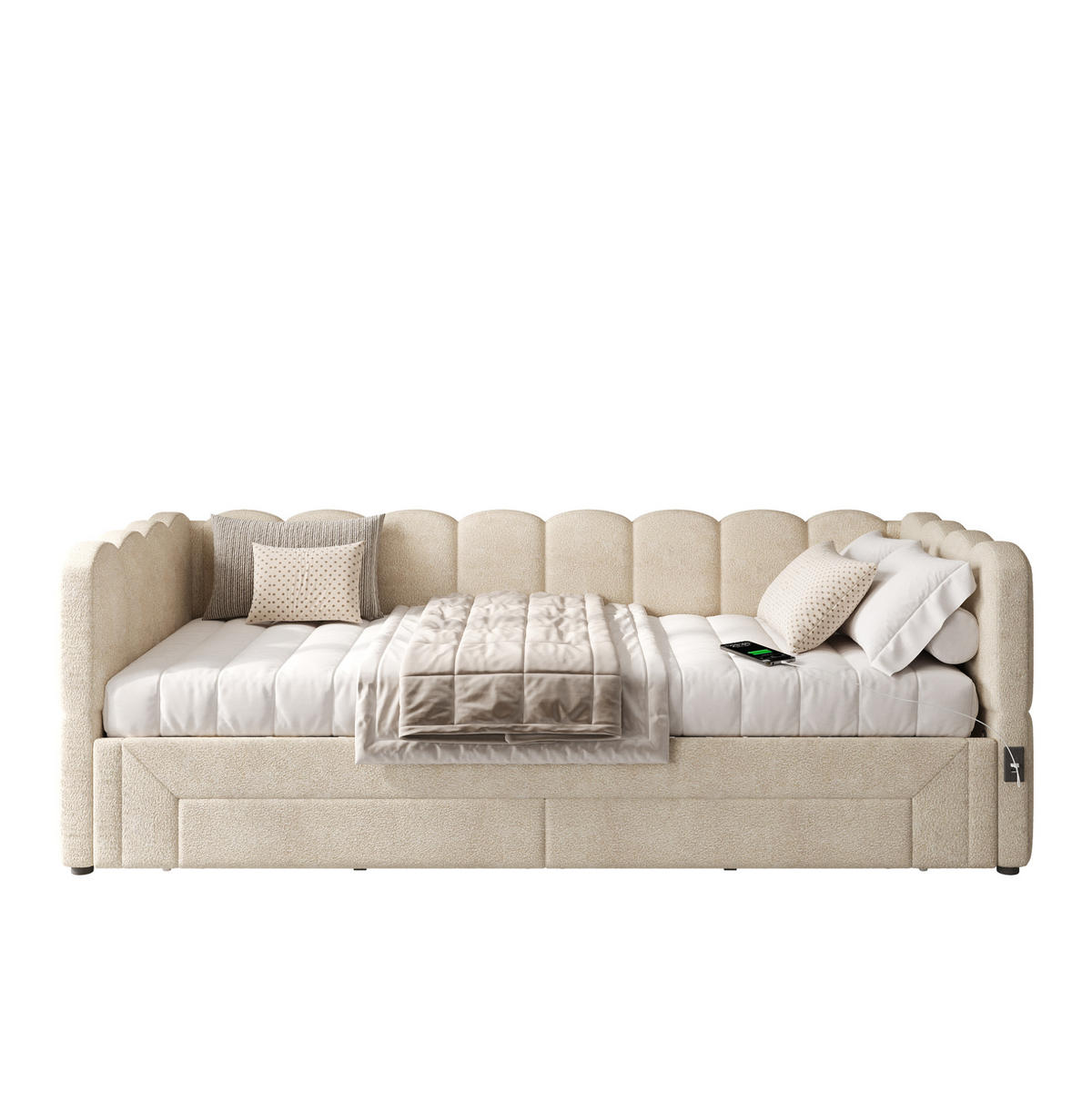 POLSTERBETT 90/180x200 cm Beige aus Chenille mit 2 Schubladen und USB - Beige, Textil (90/200cm) - Flora Grace