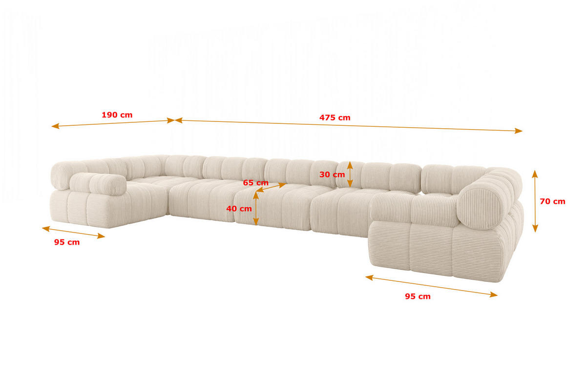 WOHNLANDSCHAFT modulares Sofa Birno-U3 - 475x190x70 cm Beige Cord - Beige, Holzwerkstoff/Textil (475/70/190cm) - ALTDECOR