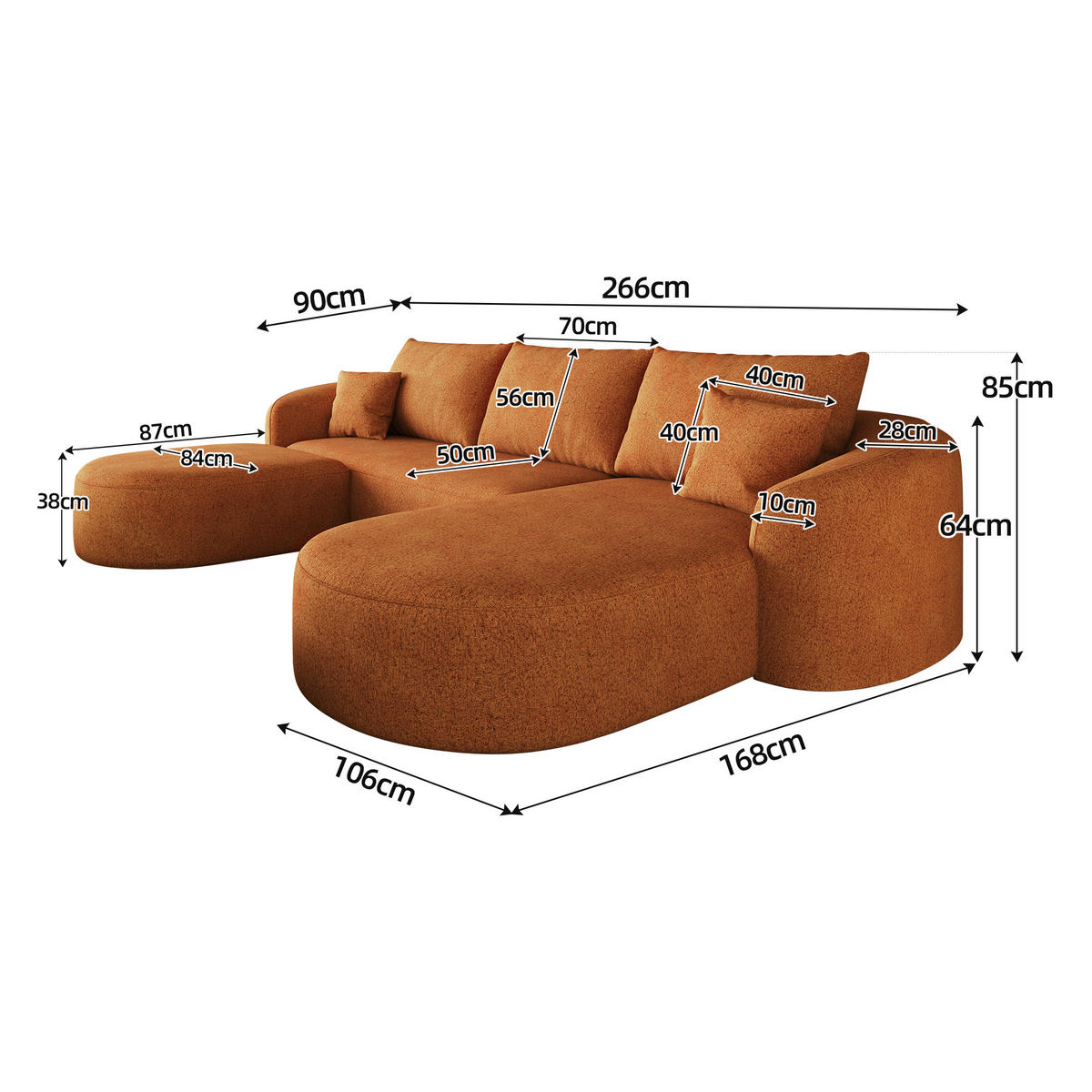 WOHNLANDSCHAFT Rechts, U-Form 266 cm ohne Montage, DE-34817, Orange - Orange, Textil (336/85/168cm) - ComfortXL