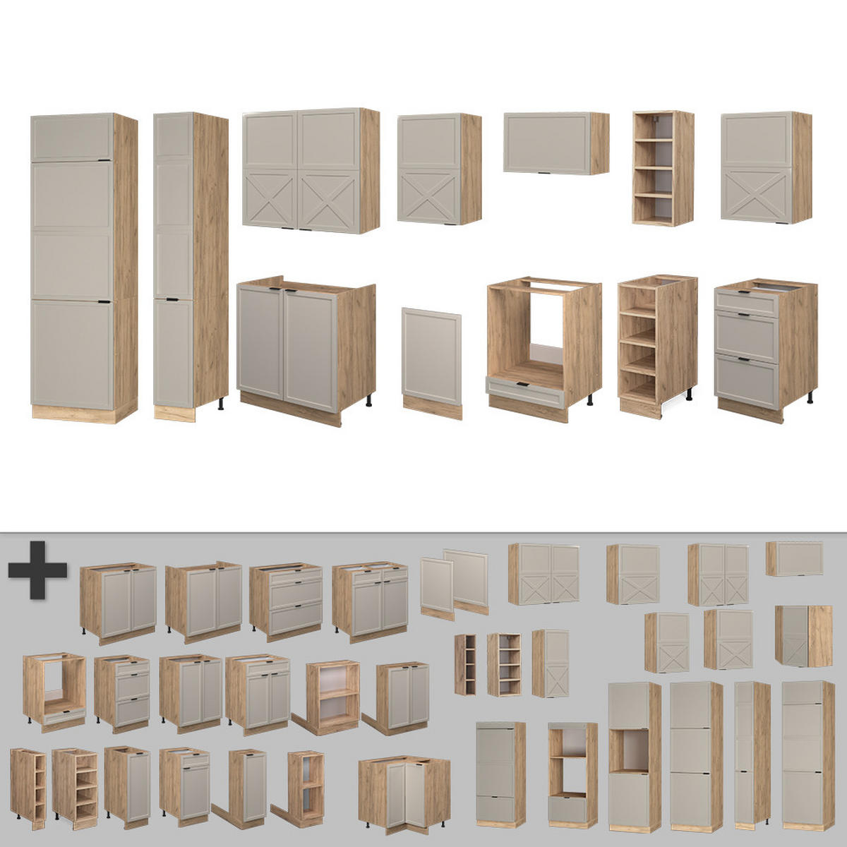 KÜCHENZEILE Fame-Line GrauBeige/Goldkraft Eiche 355 cm, AP Eiche - Honigeiche/Grau, Holzwerkstoff (355/81.6/60cm) - Vicco