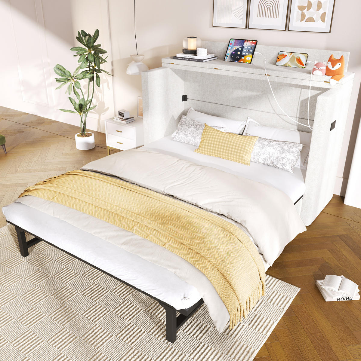 BETT 140/200 cm mit Kopfteil und Schublade – mobiles Schrankbett in Beige - Beige, Textil (140/200cm) - BEAOK