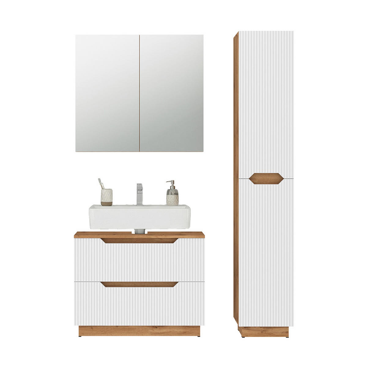 BADMÖBEL-SET Lotta Eiche/weiß gestreift 3 Teile - Eichefarben/Weiß, Holzwerkstoff (79.6/62.5/32cm) - Vicco