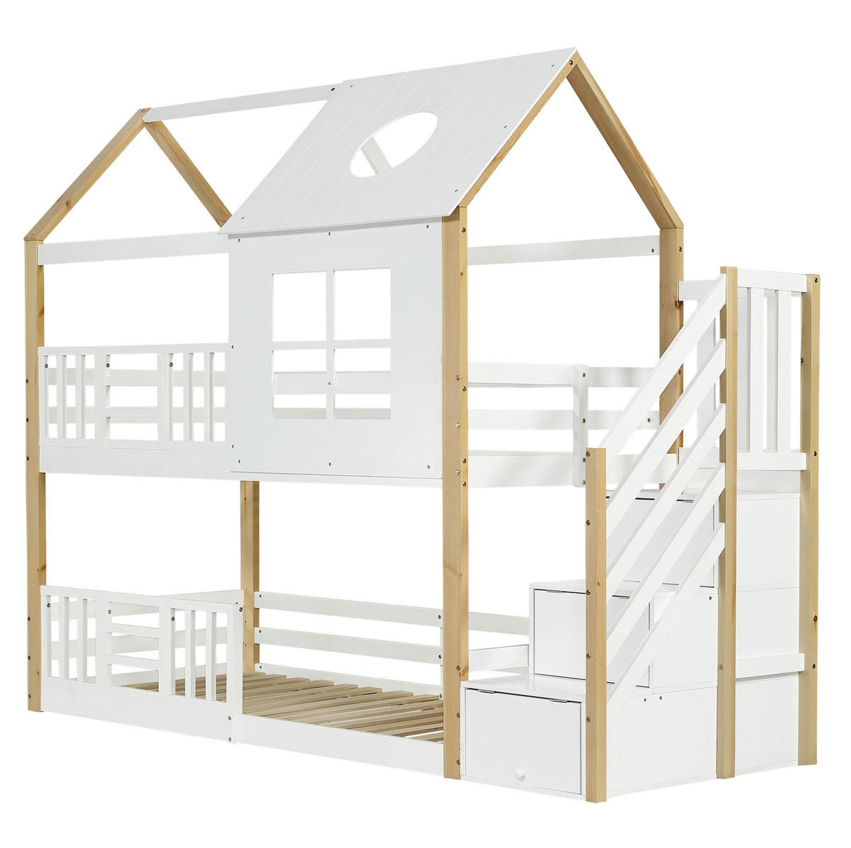 HAUSBETT 90/200 cm Weiß/Natur mit Aufbewahrungstreppe - Weiß, Holz (90/200cm) - Flora Grace