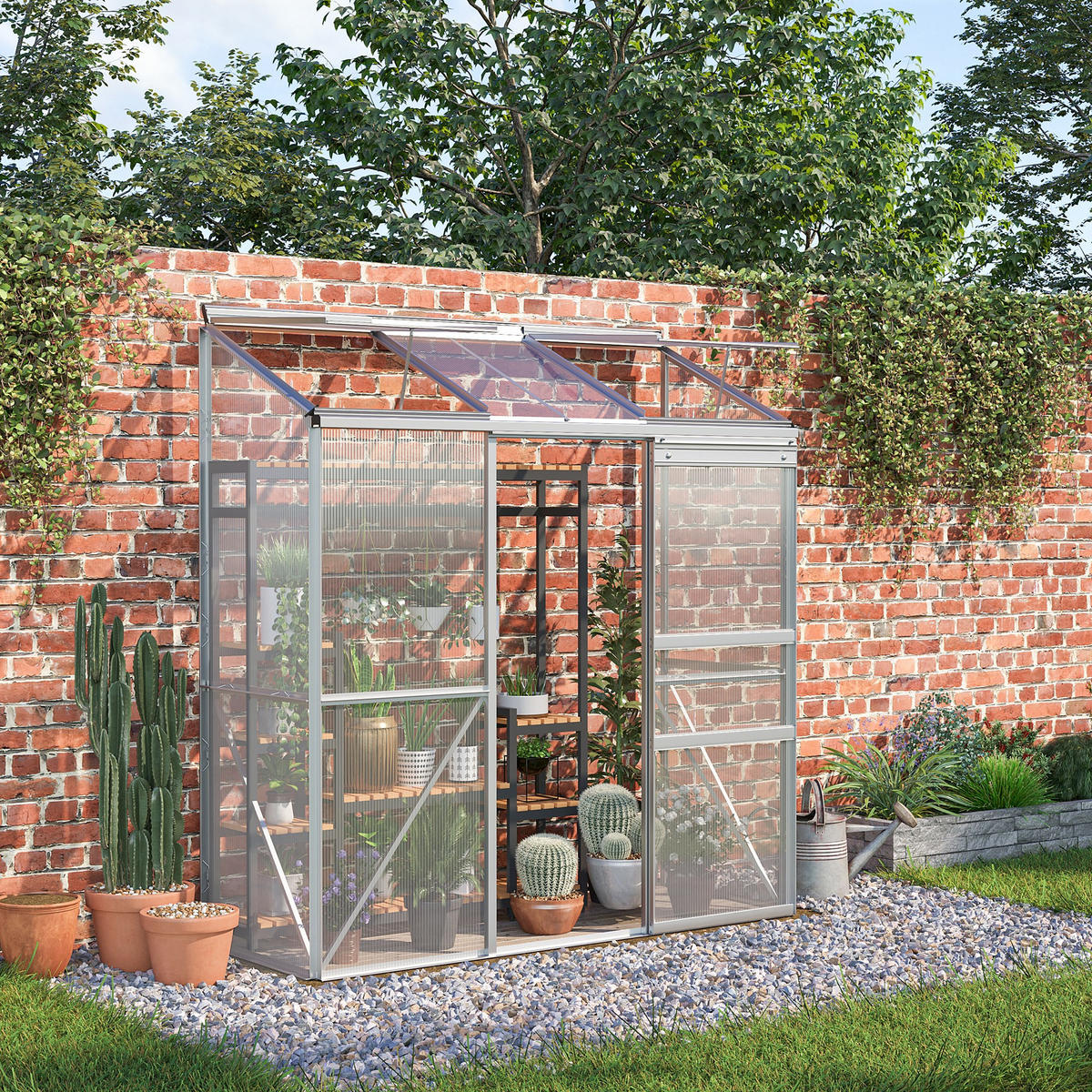 ANLEHNGEWÄCHSHAUS DE-12001 mit Schiebetür & 5-stufigen Dachfenstern Silber - Transparent, Kunststoff (68/196/192cm) - ComfortXL