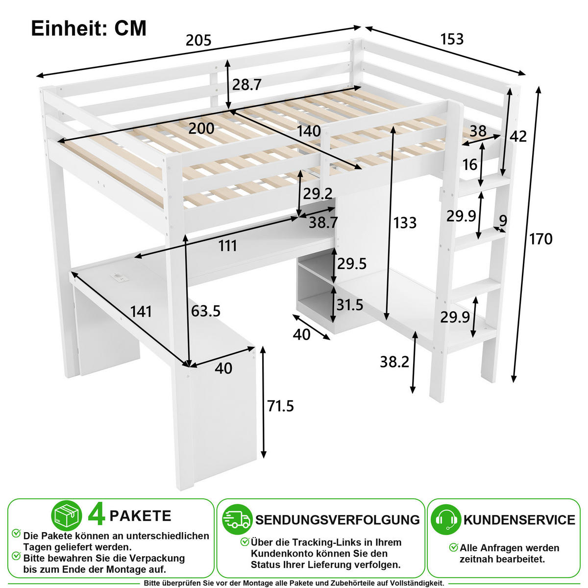 HOCHBETT 140/200 cm in Weiß mit Regal, Schreibtisch, LED und USB - Weiß, Holz/Holzwerkstoff (140/200cm) - CHICFURN