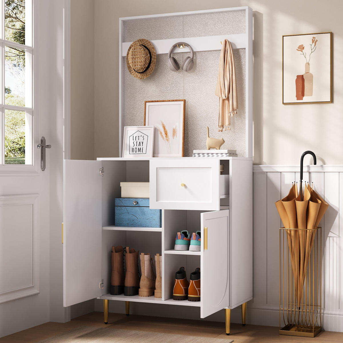 SCHUHSCHRANK aus MDF 80x35x175,5cm in Weiß mit Soft-Close & Haken - Weiß, Holzwerkstoff (80/175.5/35cm) - Modfu
