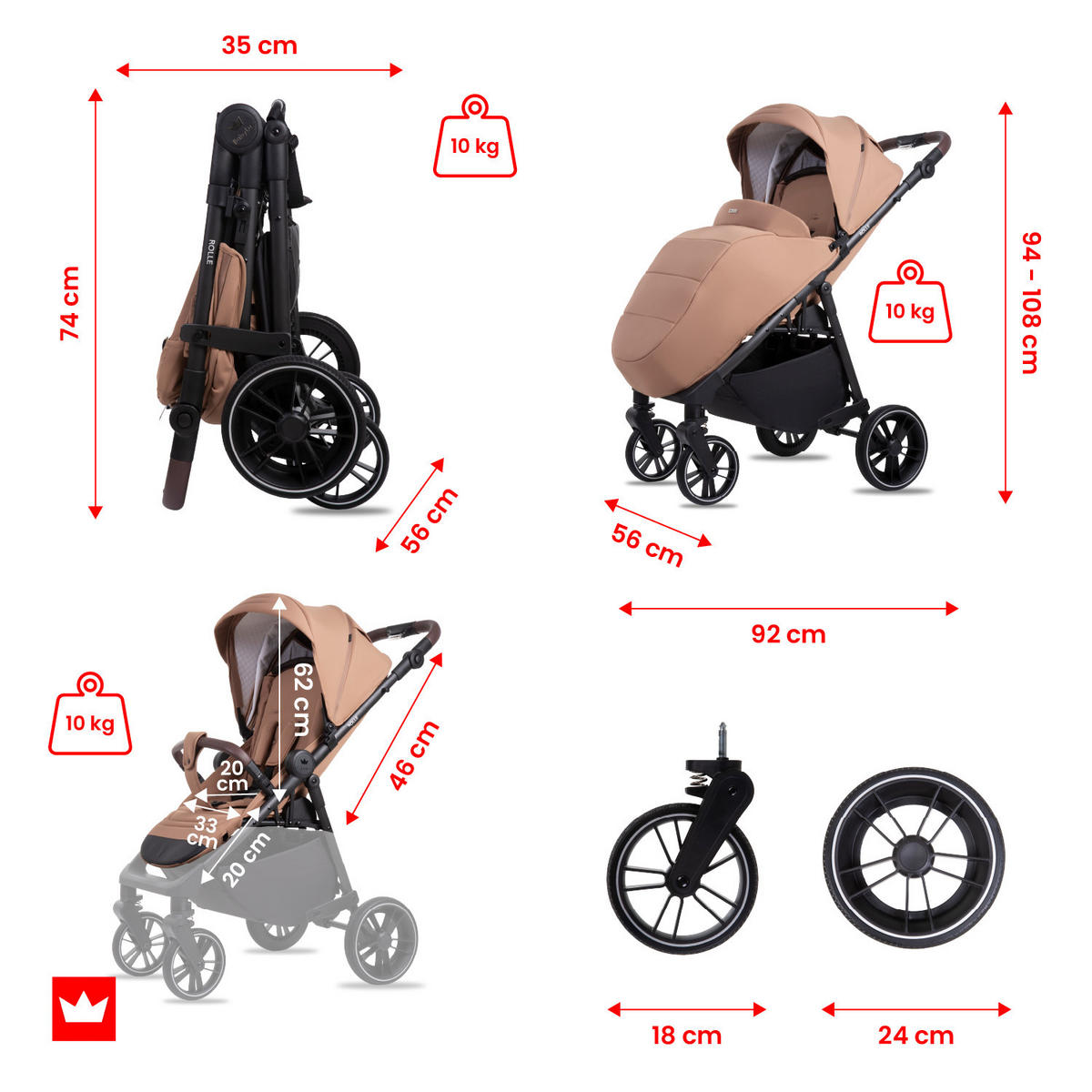 BUGGY Rolle, Klein und Leicht, Teleskopische Führung, Kompakt Faltbar, Wickeltasche, Reisetasche - Schwarz/Weiß, Textil/Metall (58/99cm) - BabyLux