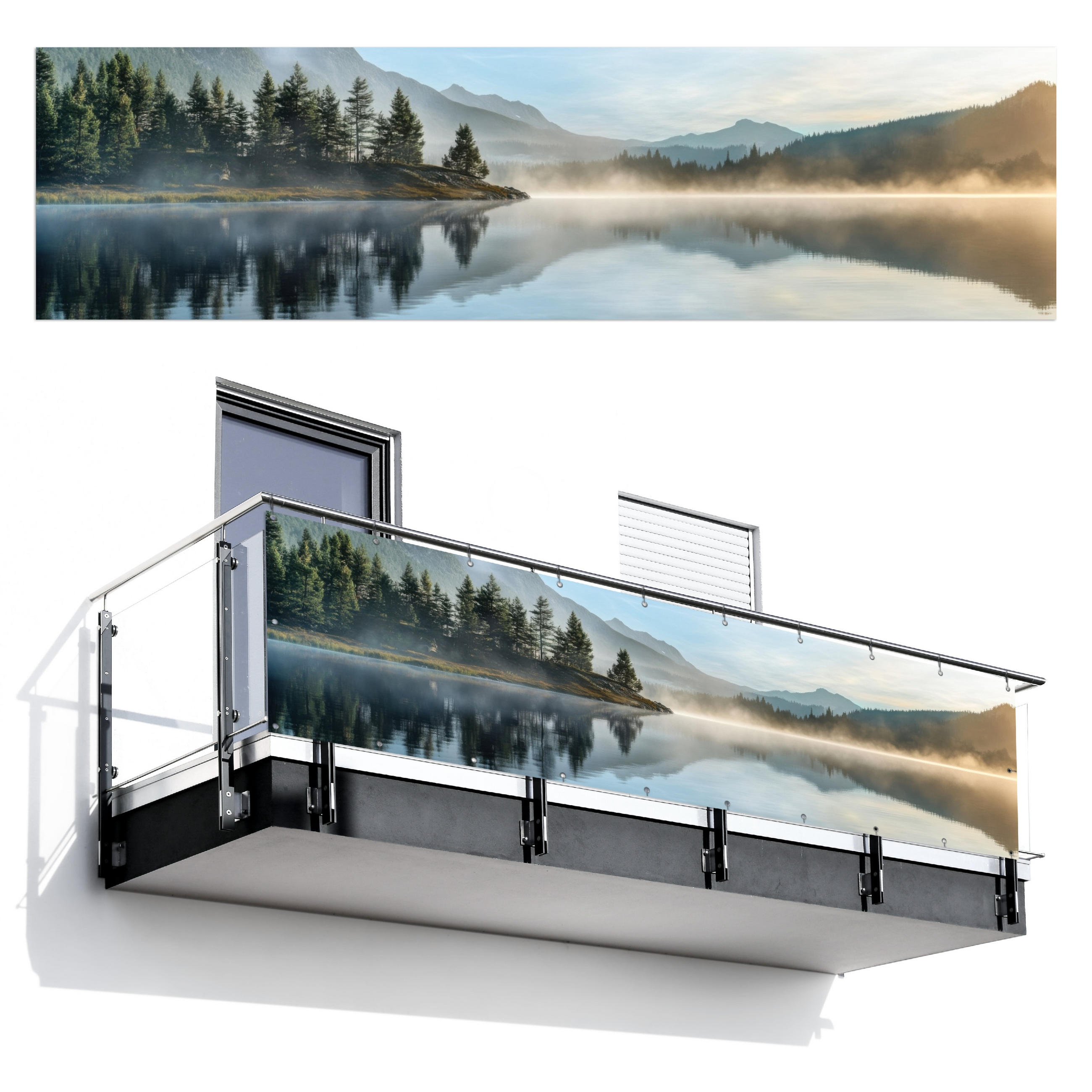 BALKON-SICHTSCHUTZ See - Nebel - Berge - Landschaft - Hellblau, Kunststoff (300/75cm) - MuchoWow