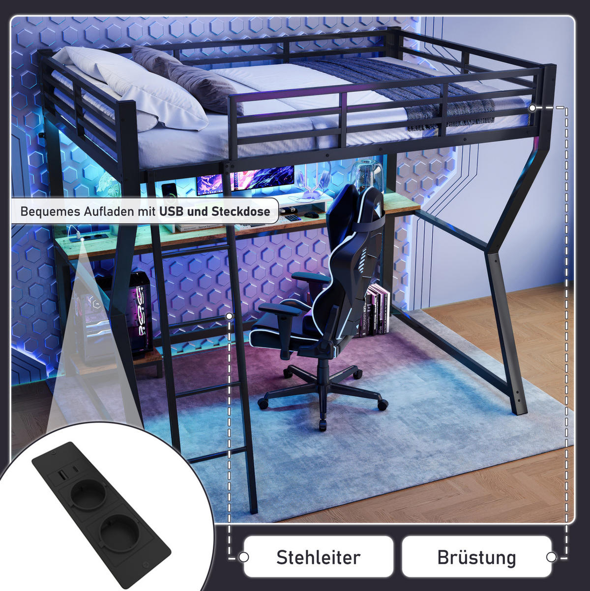HOCHBETT 90/200 cm mit LED-Beleuchtung, Schreibtisch, Steckdose, USB und Treppe, Schwarz - Schwarz, Metall (90/200cm) - Redom