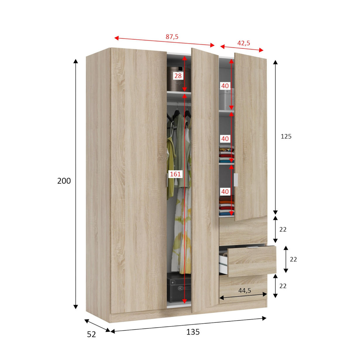 KLEIDERSCHRANK 3 TÜREN Eiche 52/135/200 cm - Braun, Holzwerkstoff (135/200/52cm) - DMORA