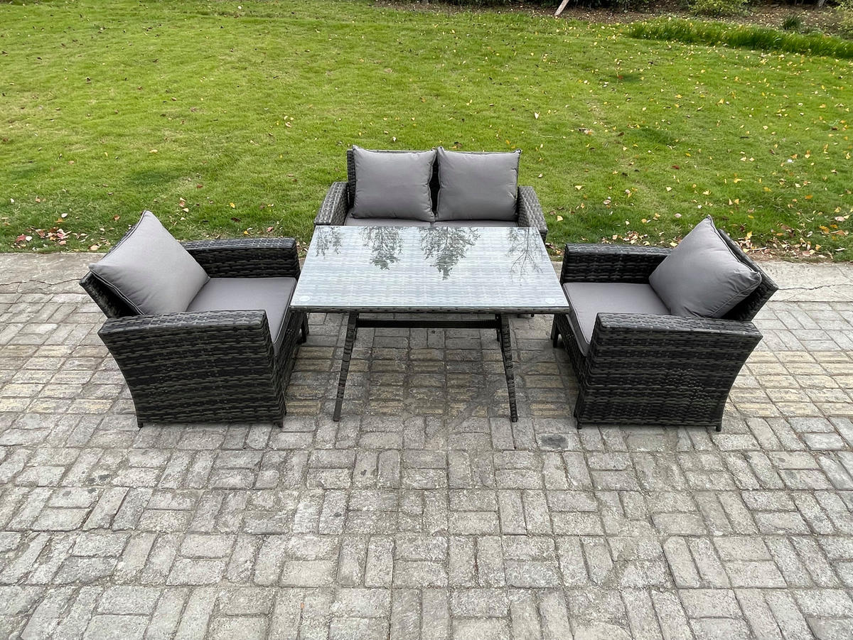 GARTENMÖBELSET mit ESSTISCH,HOCHLEHNER-SOFA Polyrattan Dunkelgrauer Mix 4-Sitzer - Dunkelgrau/Grau, Glas/Kunststoff - Fimous