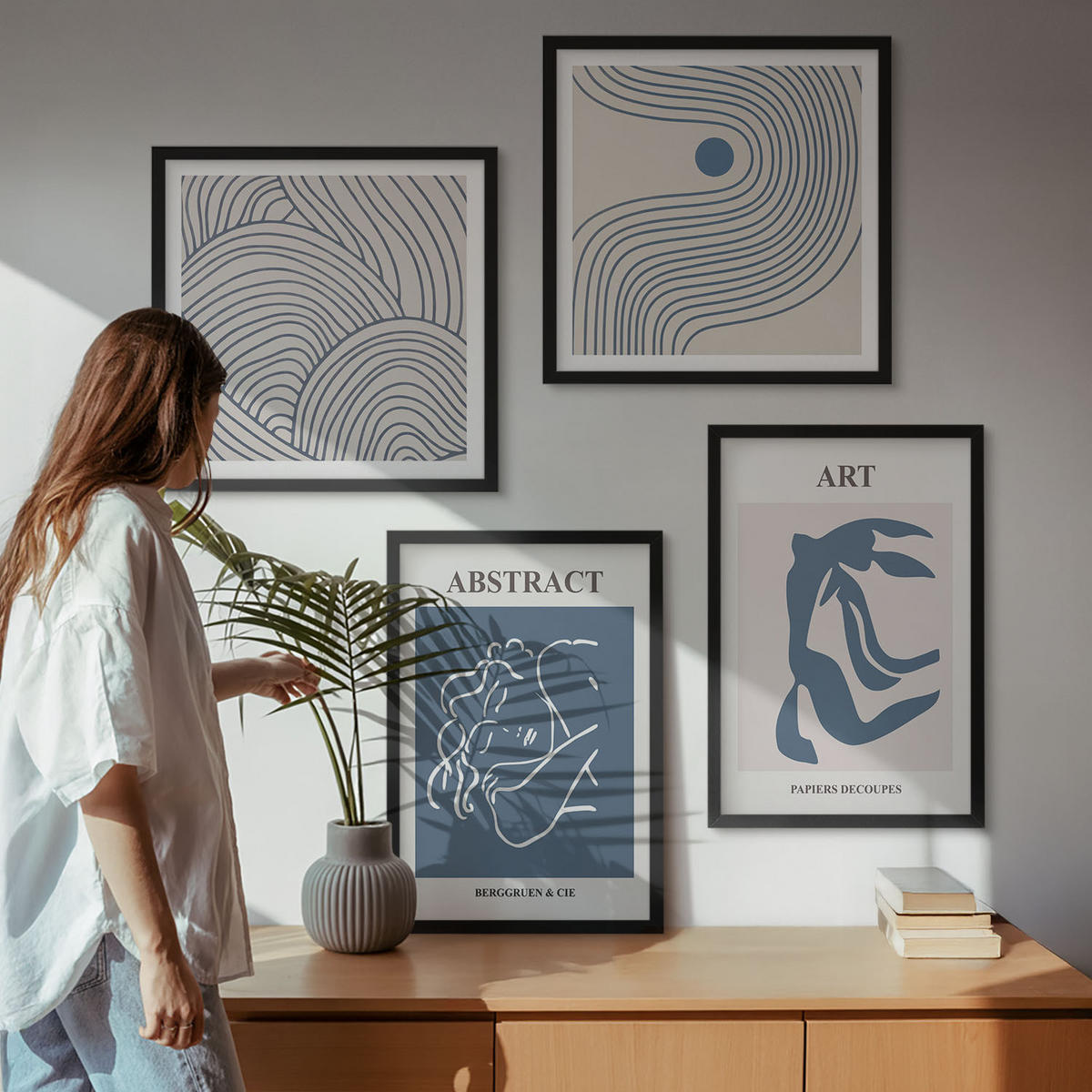WANDBILDER 4er-Set - 50x50 cm & 40x60 cm Schwarzer Rahmen - Poster mit abstrakten Linien und Wellen - Schwarz, Kunststoff (50/50cm) - ArtPrintCave