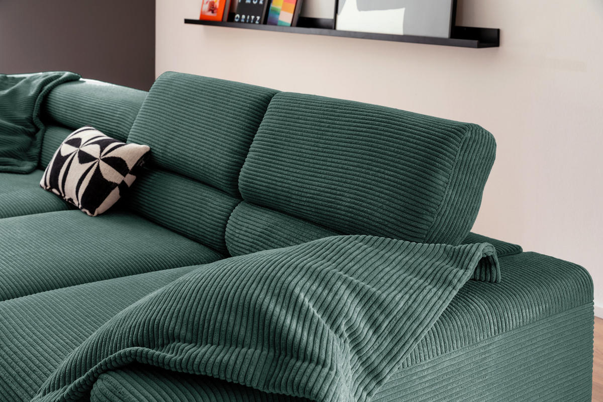 ECKSOFA MIT MOTORISCHEM SITZVORZUG DELIA Smaragdgrün Cord - Smaragdgrün/Schwarz, Textil/Metall (312/219cm) - KAWOLA