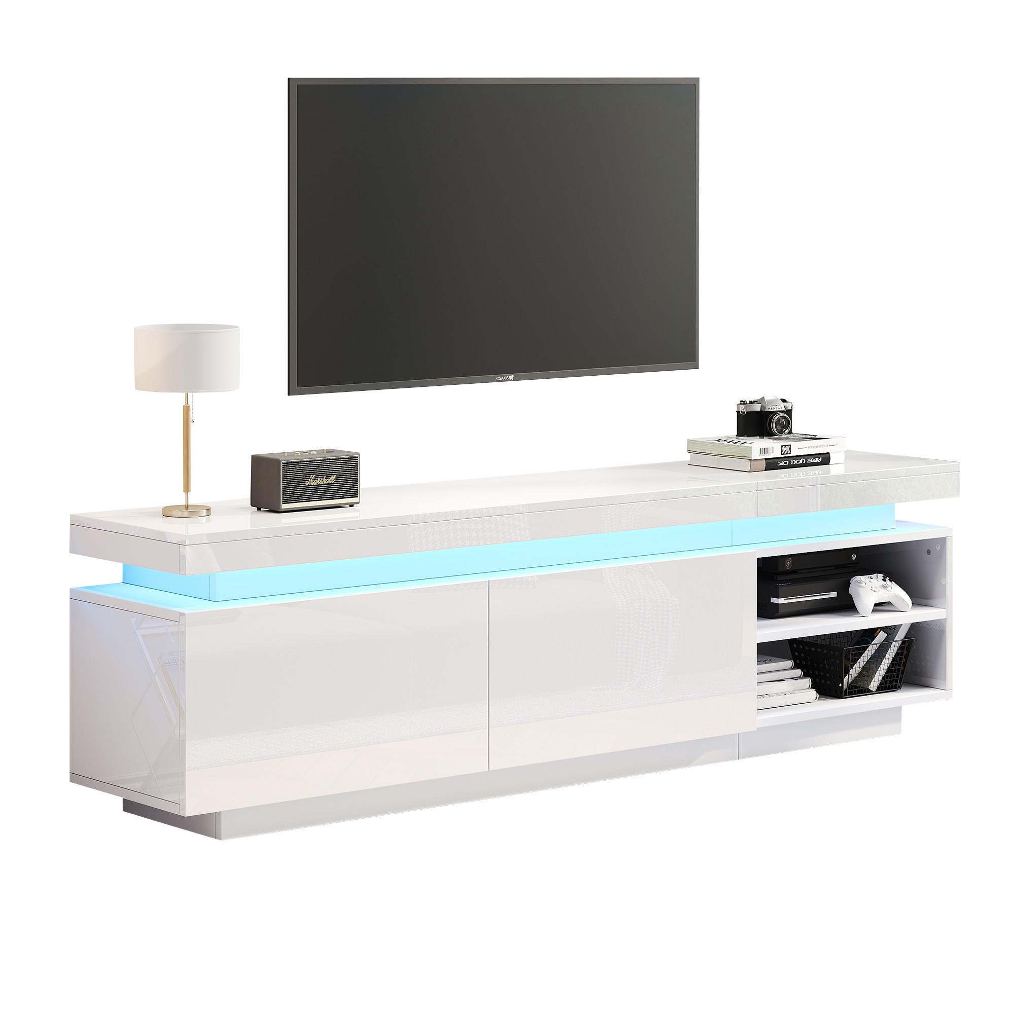 STILVORA TV STOLEK v bílé barvě s LED osvětlením pro televizory do 70″, 170 × 35 × 50 cm