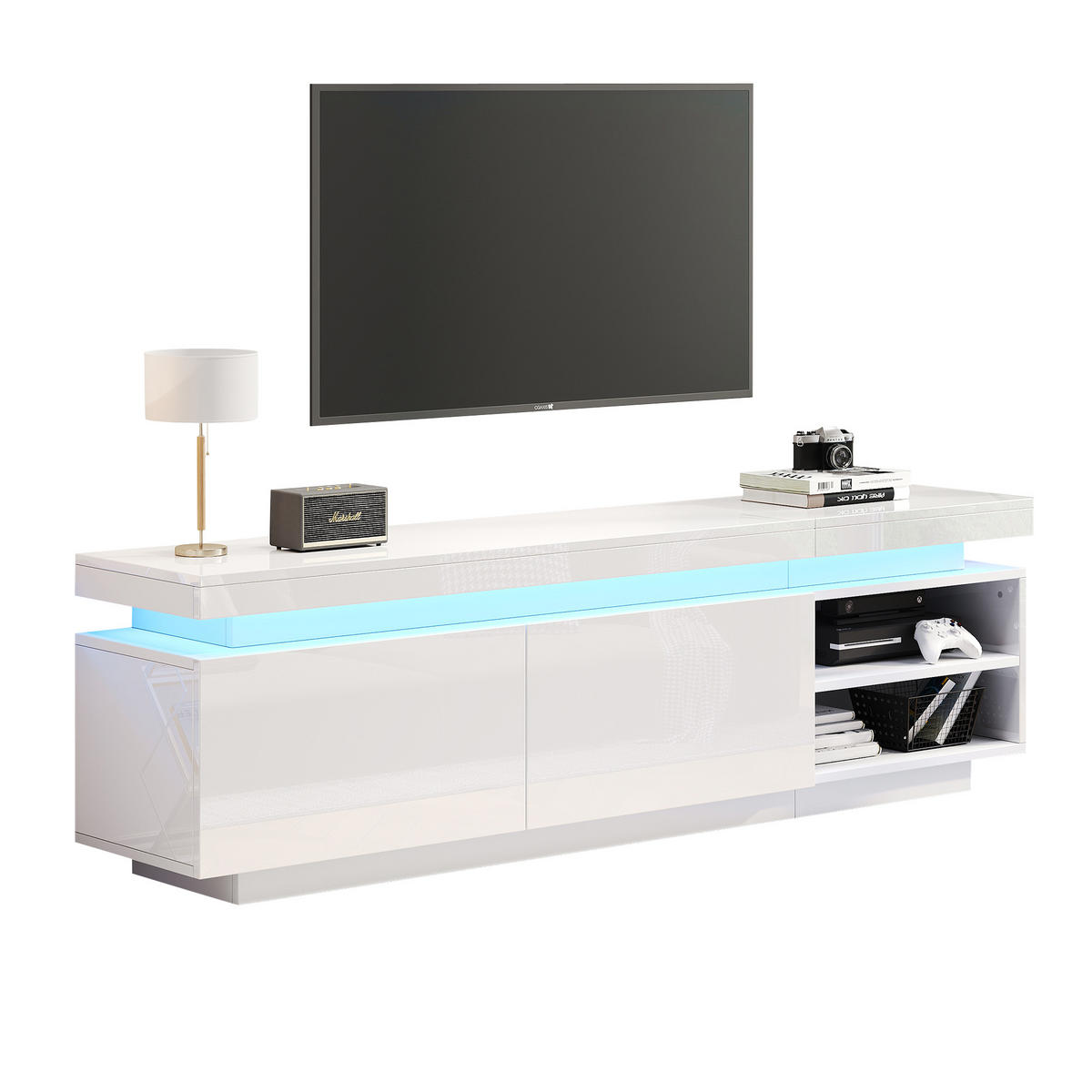 TV-SCHRANK Lowboard Modern Hochglanzweiß LED-Beleuchtung Stauraum bis 70 Zoll - Weiß, Holz (43.94/18.8/62.99cm) - FLIEKS