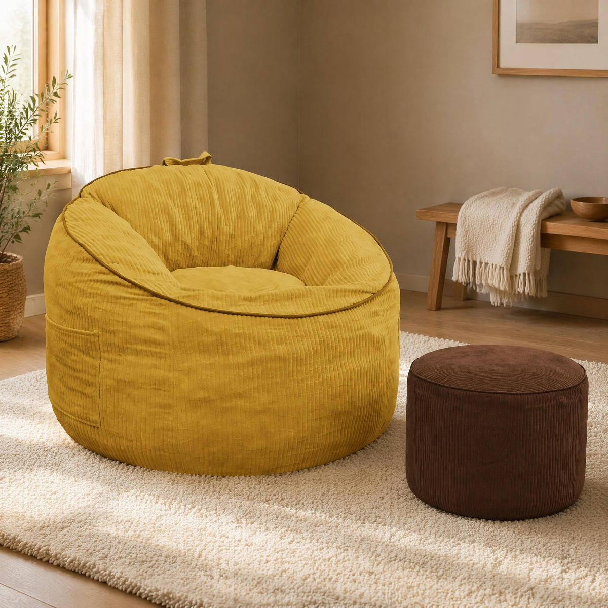 SITZSACK mit Hocker 2er-Set Gelb Flanell - Gelb, Kunststoff (95/80/103cm) - Meubliv