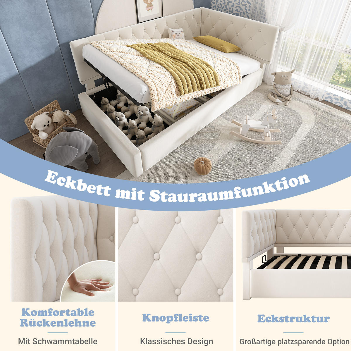 TAGESBETT 90/190 cm DE-00301, in Beige, hydraulischem Stauraum - Beige, Metall (90/190cm) - ComfortXL
