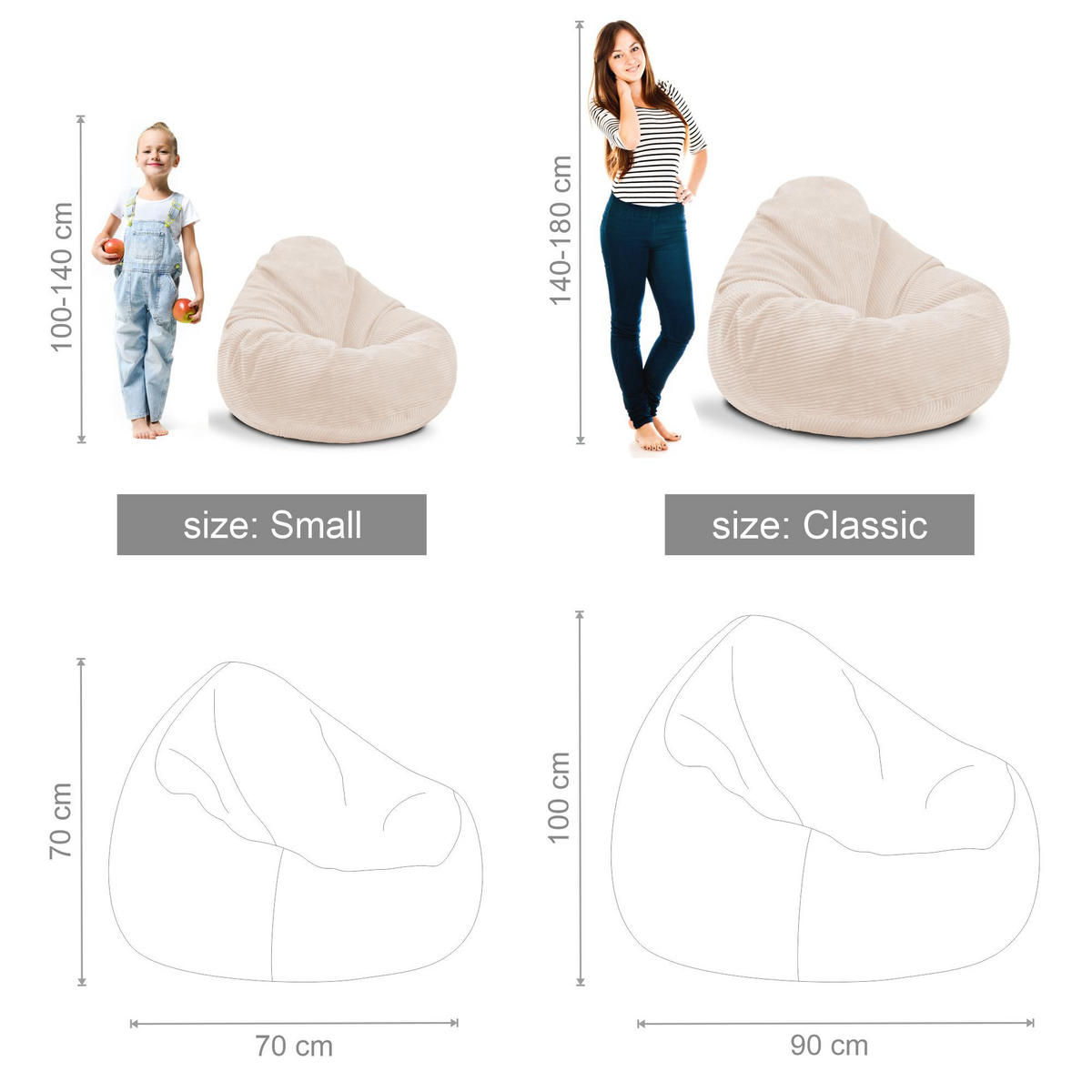 SITZSACK PARADISE MIT FUßSTÜTZE Kordsamt 2-tlg Vanilla Ice M - Beige, Textil (90/100/90cm) - Dreamroots