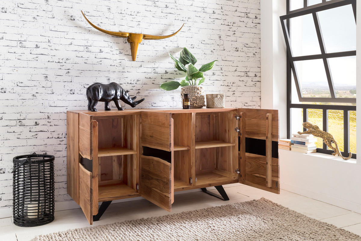 SIDEBOARD – Akazie Massivholz, 148x85x43 cm, Baumkante, Landhausstil, breit - Schwarz/Braun, Akazienholz/Holz (148/85/43cm) - KADIMA DESIGN