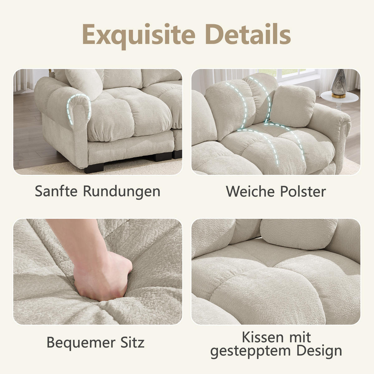 ECKSOFA 330/149/90 cm Hellkhaki Cord mit mobiler Ottomane und 2 kleinen Dekokissen - Kaschmir/Graubraun, Textil (330/149cm) - Oxeza