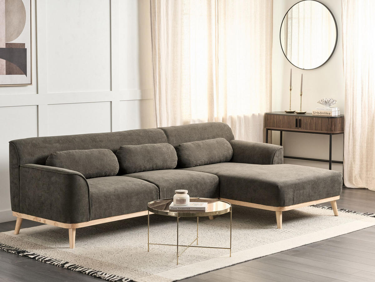 3-SITZER-ECKSOFA Cord dunkelgrün rechtsseitig Simos - Hellbraun/Grün, Textil (264/159cm) - Beliani