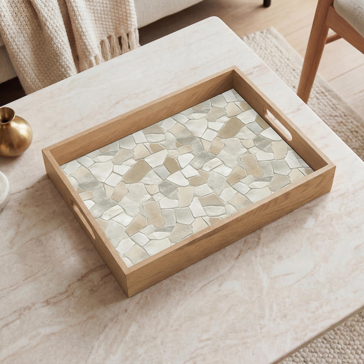 TABLETT - Mosaik - Steine - Beige - 40x30 cm - Beige, Holz (40/5/5cm) - OnlyWow