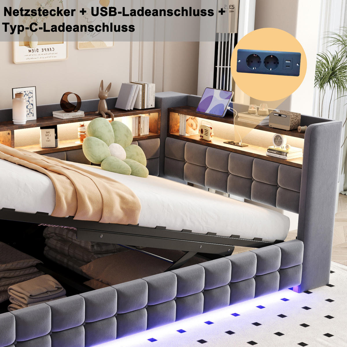 ČALOUNĚNÁ postel 90/200 cm s hydraulickým úložným prostorem, LED, USB, Typ-C a policemi, samet, Šedá - šedá, textil (90/200cm) - Redom