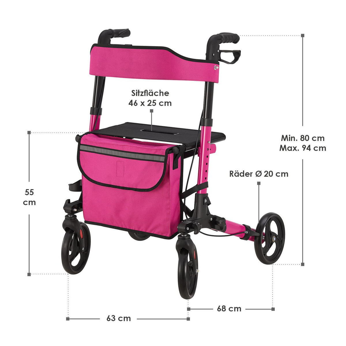 ROLLATOR Vital lila klappbar mit Sitzfläche & Einkaufstasche - Lila, Metall (63/80/68cm) - Juskys