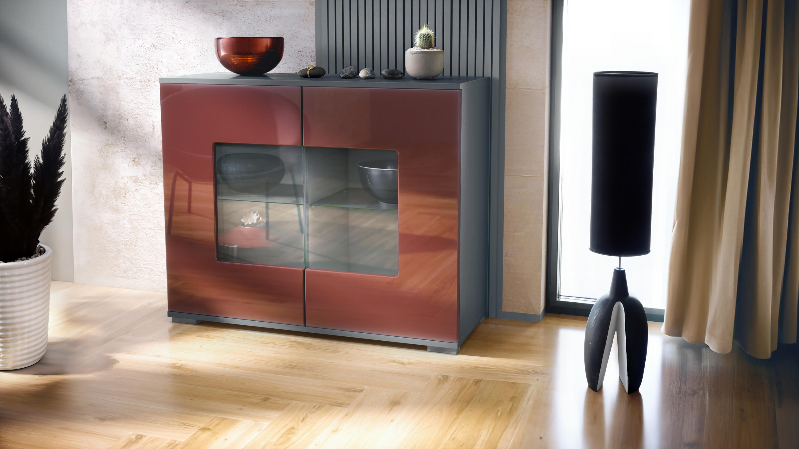 KOMMODE Grömitz Bordeaux Hochglanz - Bordeaux, Holzwerkstoff (92.5/75.5/35cm) - Vladon