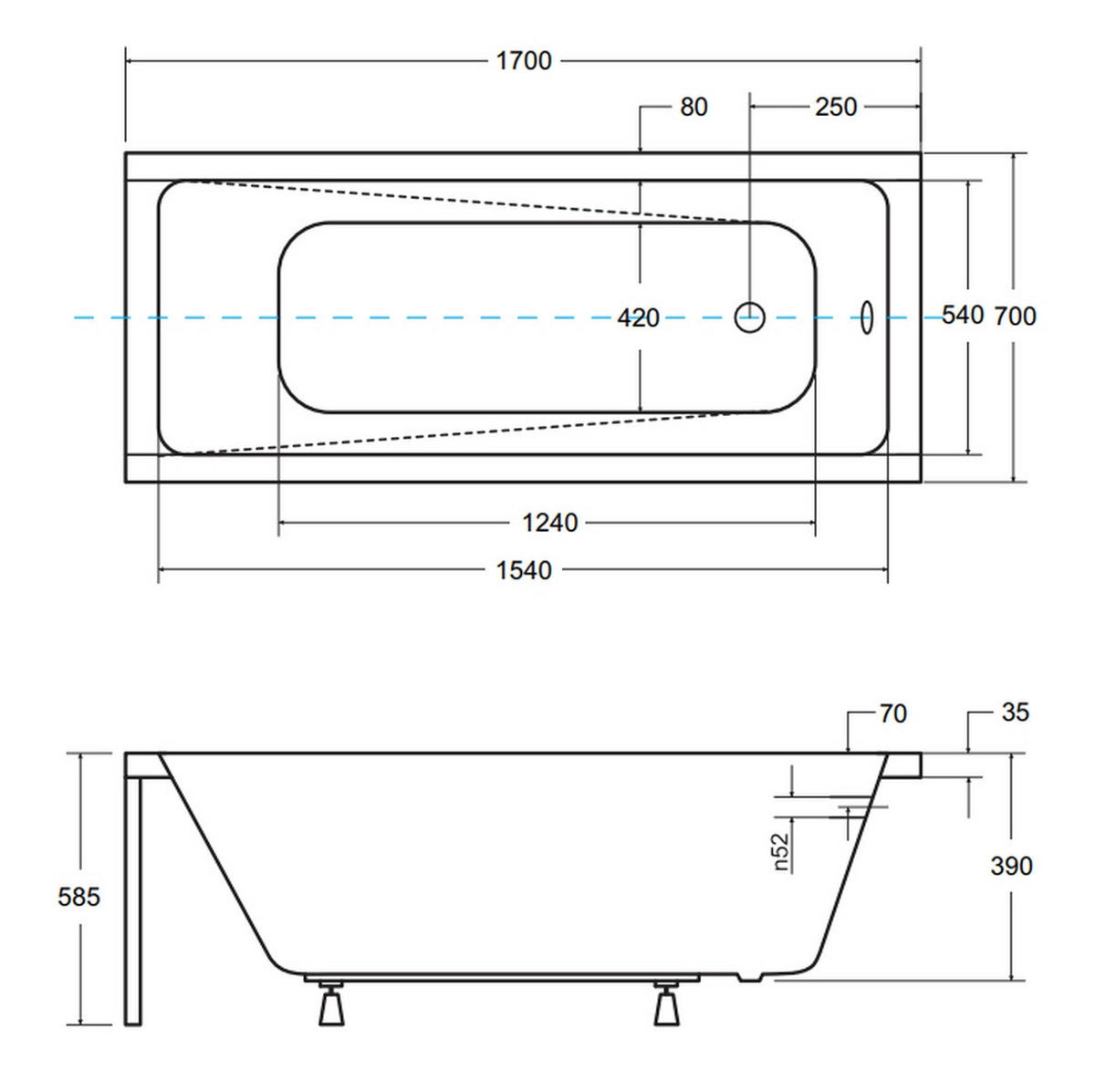 BADEWANNE Rechteck MODERN 170/70 Ablauf & Füße - Weiß, Kunststoff (70/58.5/170cm) - bad land