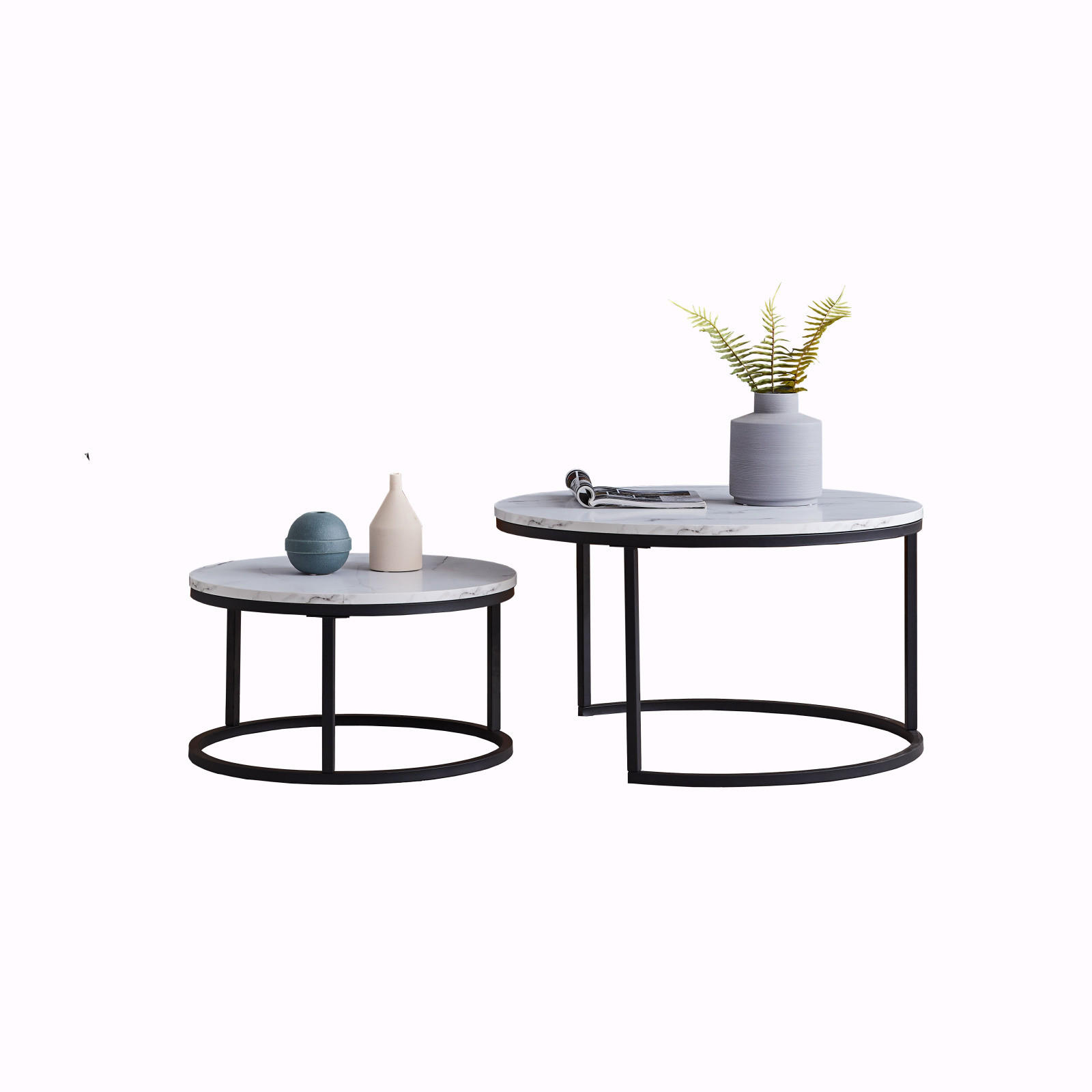 COUCHTISCH-SET Weiß Marmoroptik mit Metallgestell - Schwarz, Metall (80/45/80cm)