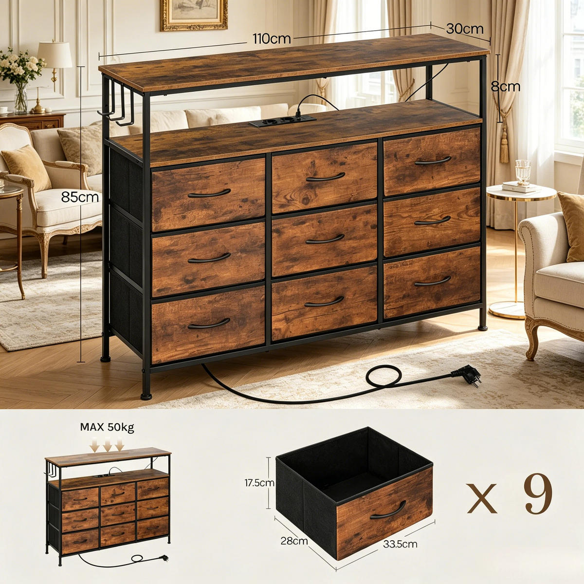KOMMODE DE-38085 110/30/85 cm mit 9 Schubladen und LED-Beleuchtung Rustikal-Braun/Schwarz - Braun, Holzwerkstoff (110/85/30cm) - ComfortXL