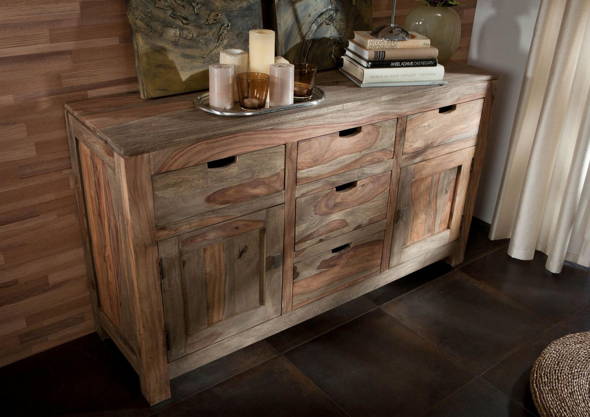 SIDEBOARD Sheesham 140x42x80 grau geölt NATURE GREY #80 - Grau, Holz (140/80/42cm) - Massivmoebel24