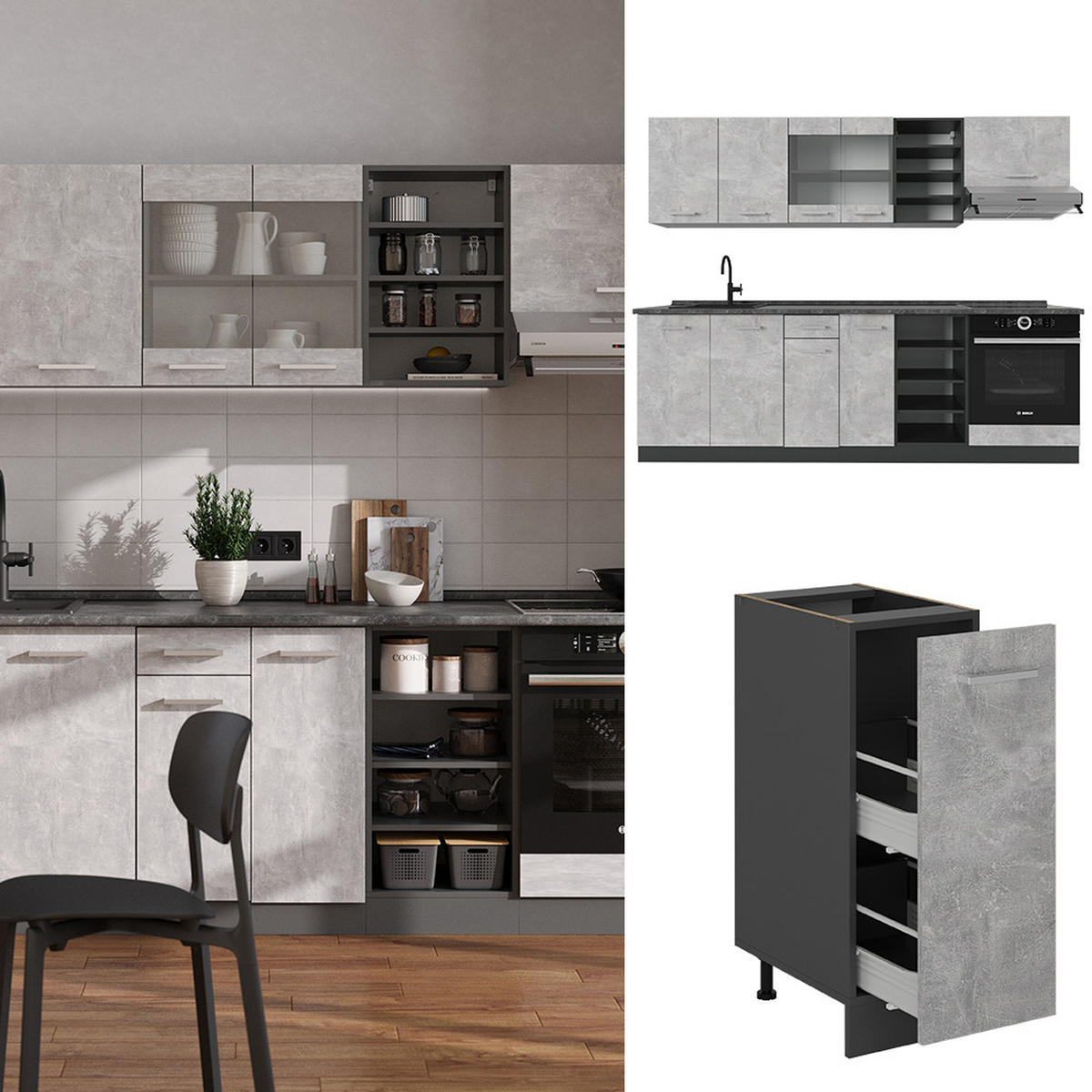 KÜCHENZEILE R-Line Beton/Anthrazit 240 cm , AP Marmor - Schieferfarben/Anthrazit, Holzwerkstoff (240/81.6/60cm) - Vicco