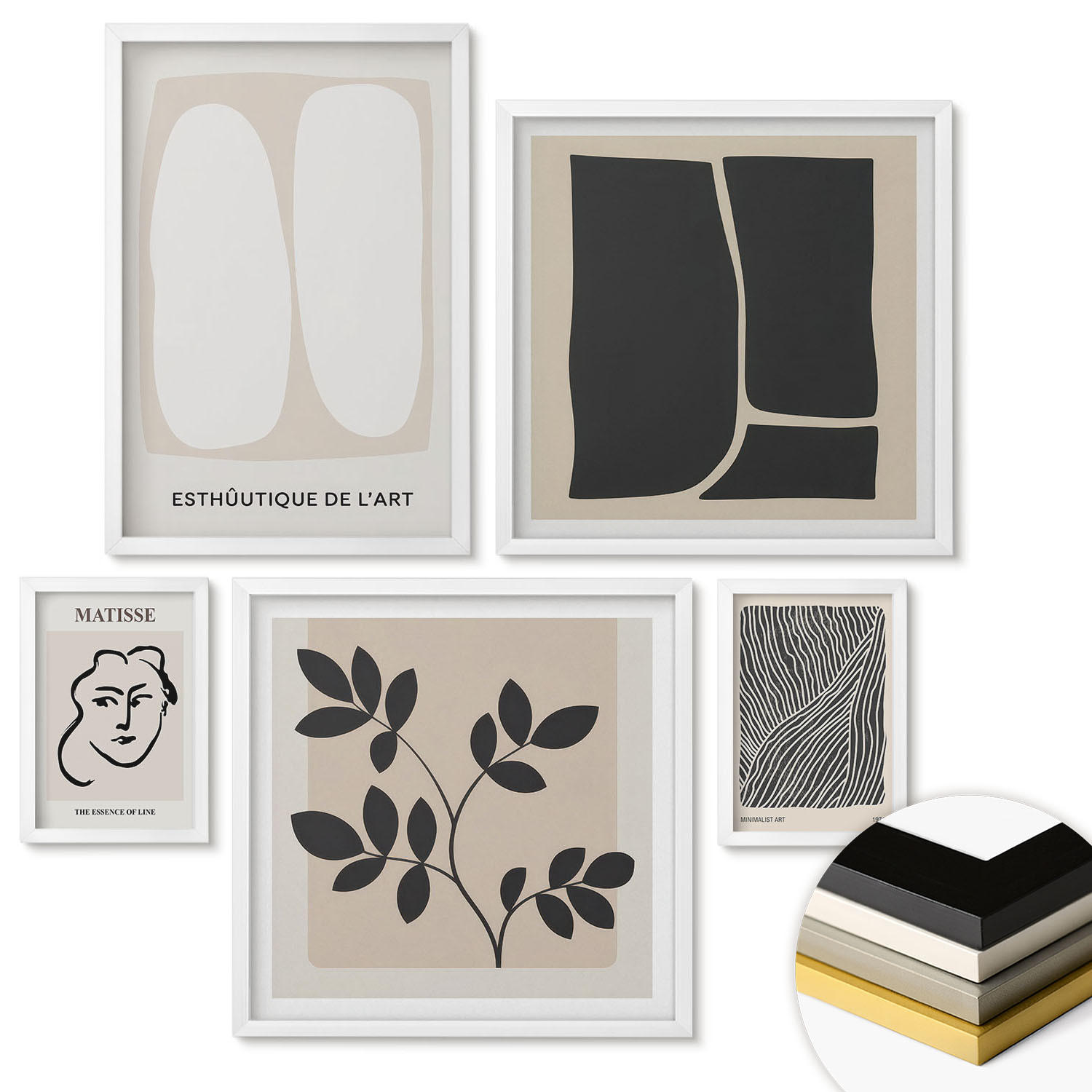 WANDBILDER 5er-Set - 50x50 cm & 20x30 cm & 40x60 cm Weißer Rahmen - Minimalistische Pflanzenmuster - Weiß, Kunststoff (40/60cm) - ArtPrintCave