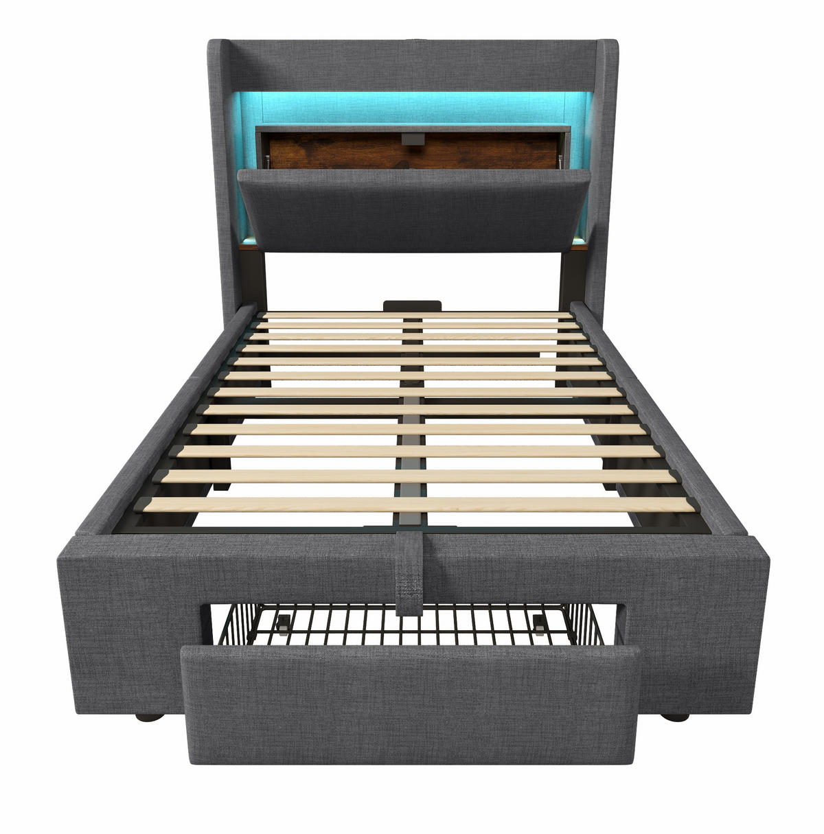POLSTERBETT mit Bettkasten 90/200 cm in Grau mit LED-Beleuchtung und USB-Anschluss - Grau, Textil (90/200cm) - BEAOK