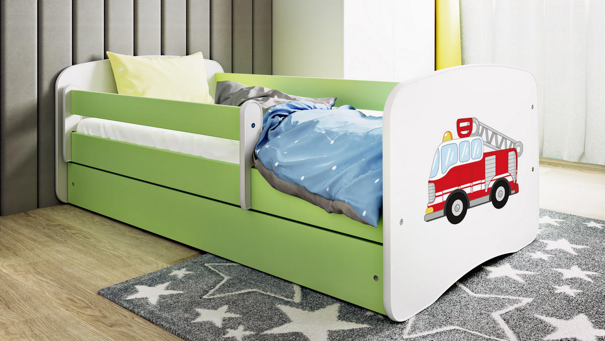 KINDERBETT Löschzug mit Schublade 140/70 80/61/144 - Grün, Holzwerkstoff (70/140cm) - RAUMHIRSCH FURNITURE