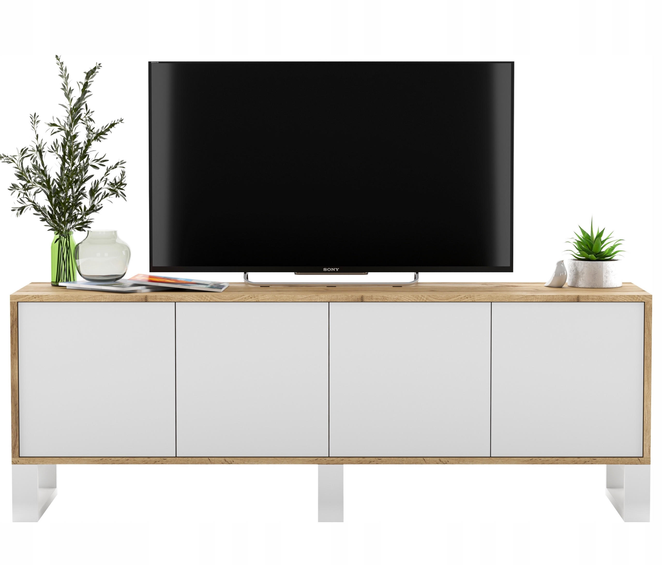 Meble Lindner TV stolek Apollo2 dub Wotan / bílá matná 150 cm s kovovými nohami