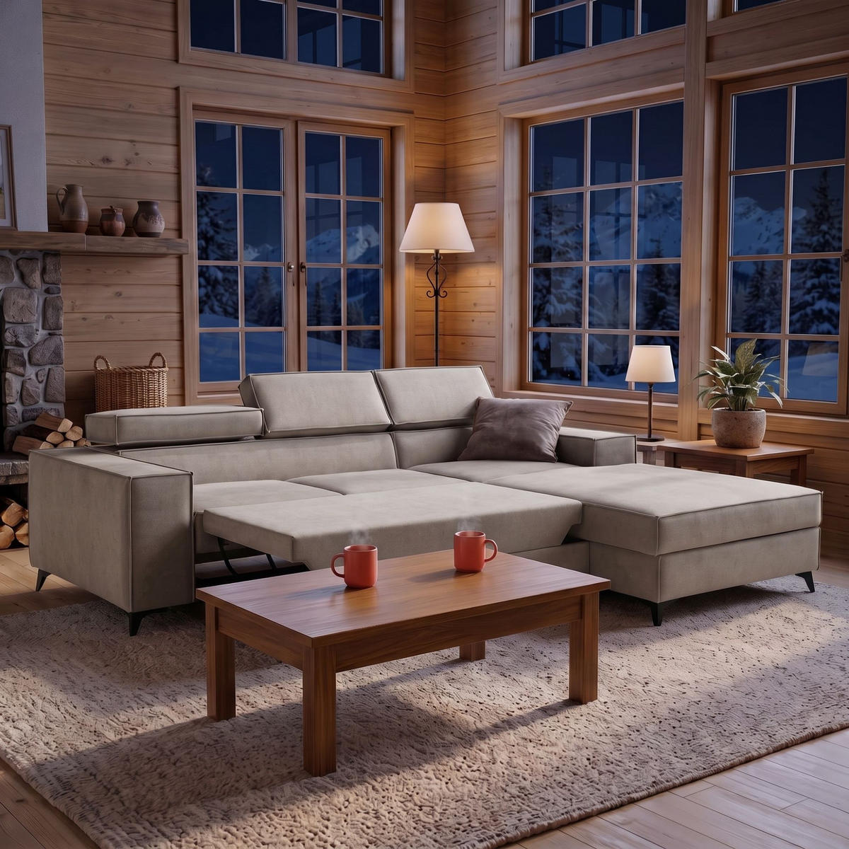 ECKSOFA PURE S Rechts mit Schlaffunktion 127x215 Velours Creme - Creme/Schwarz, Holz/Textil (204/281cm) - Muffo