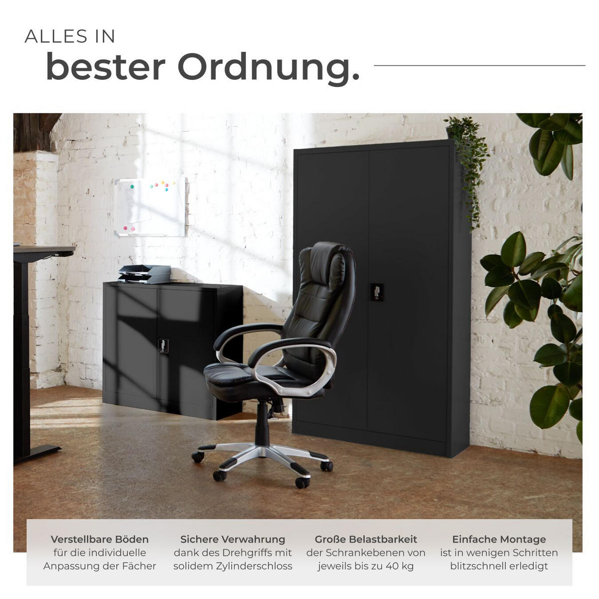 AKTENSCHRANK ,140 x 90 x 40 cm,schwarz - Schwarz, Metall (90/140/40cm) - tectake