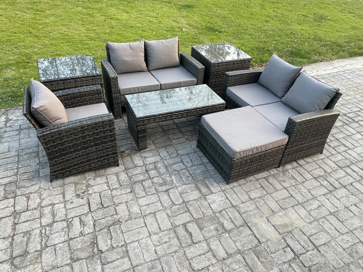 GARTENSOFA Hohe Rückenlehne Polyrattan Dunkelgrau 8-Sitzer - Dunkelgrau, Metall - Fimous