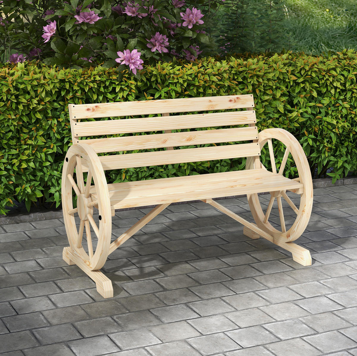 ZAHRADNÍ lavice přírodní z dřeva s područkami ve tvaru kol pro 2 osoby - přírodní, kompozitní dřevo (56/79/105.5cm) - OKWISH