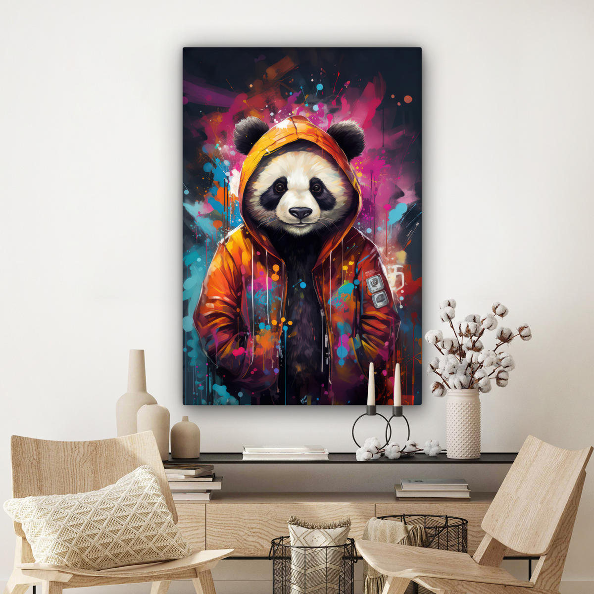 LEINWANDBILD Panda - Jacke - Graffiti - Orange Deko Groß 90x140 cm - Orange, Textil (90/140cm) - MuchoWow