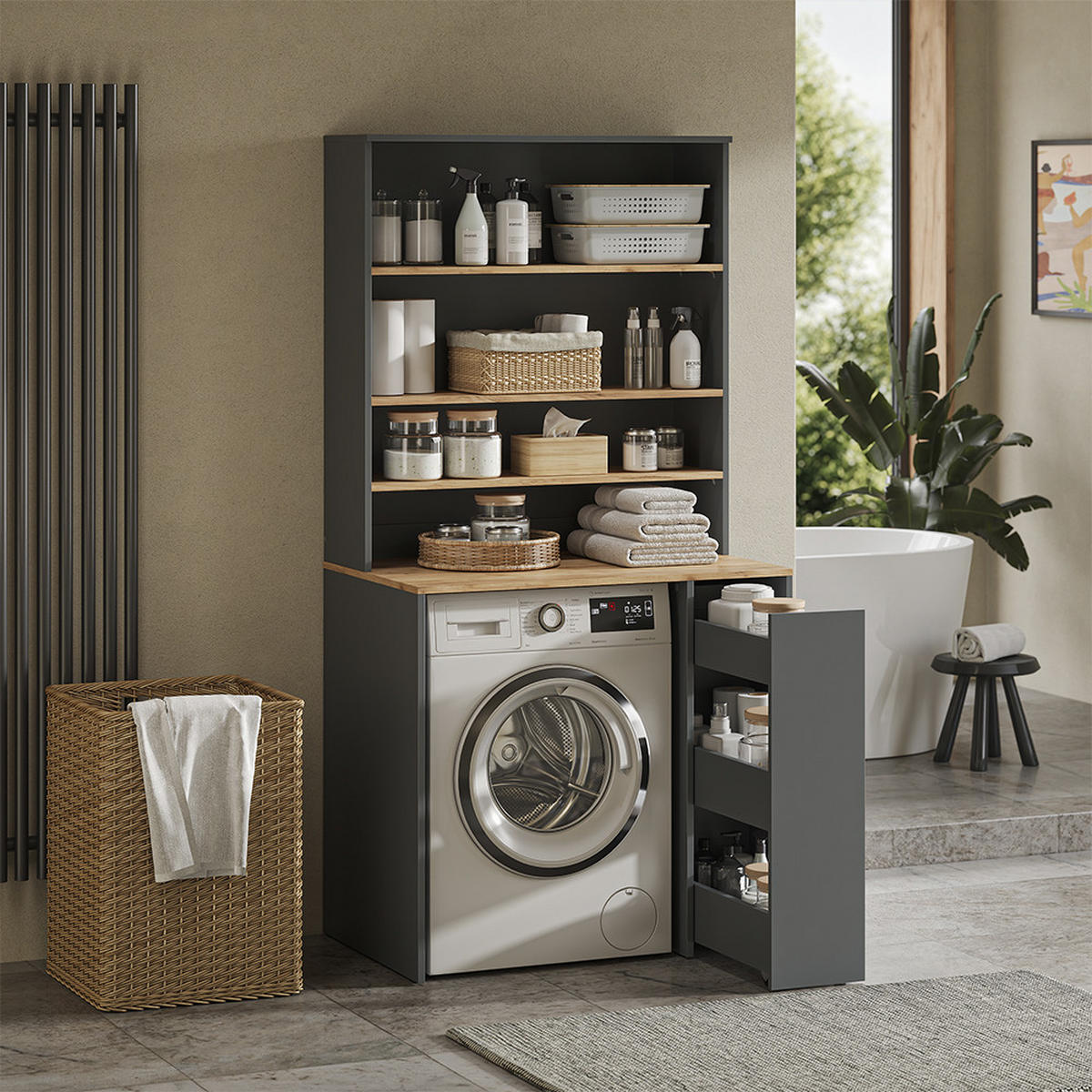 WASCHMASCHINENSCHRANK Viktor, Anthrazit/Goldkraft Eiche, 93.6 x 88.2 cm 2 Teile mit Rollregal - Honigeiche/Anthrazit, Holzwerkstoff (93.6/88.2/60cm) - Vicco