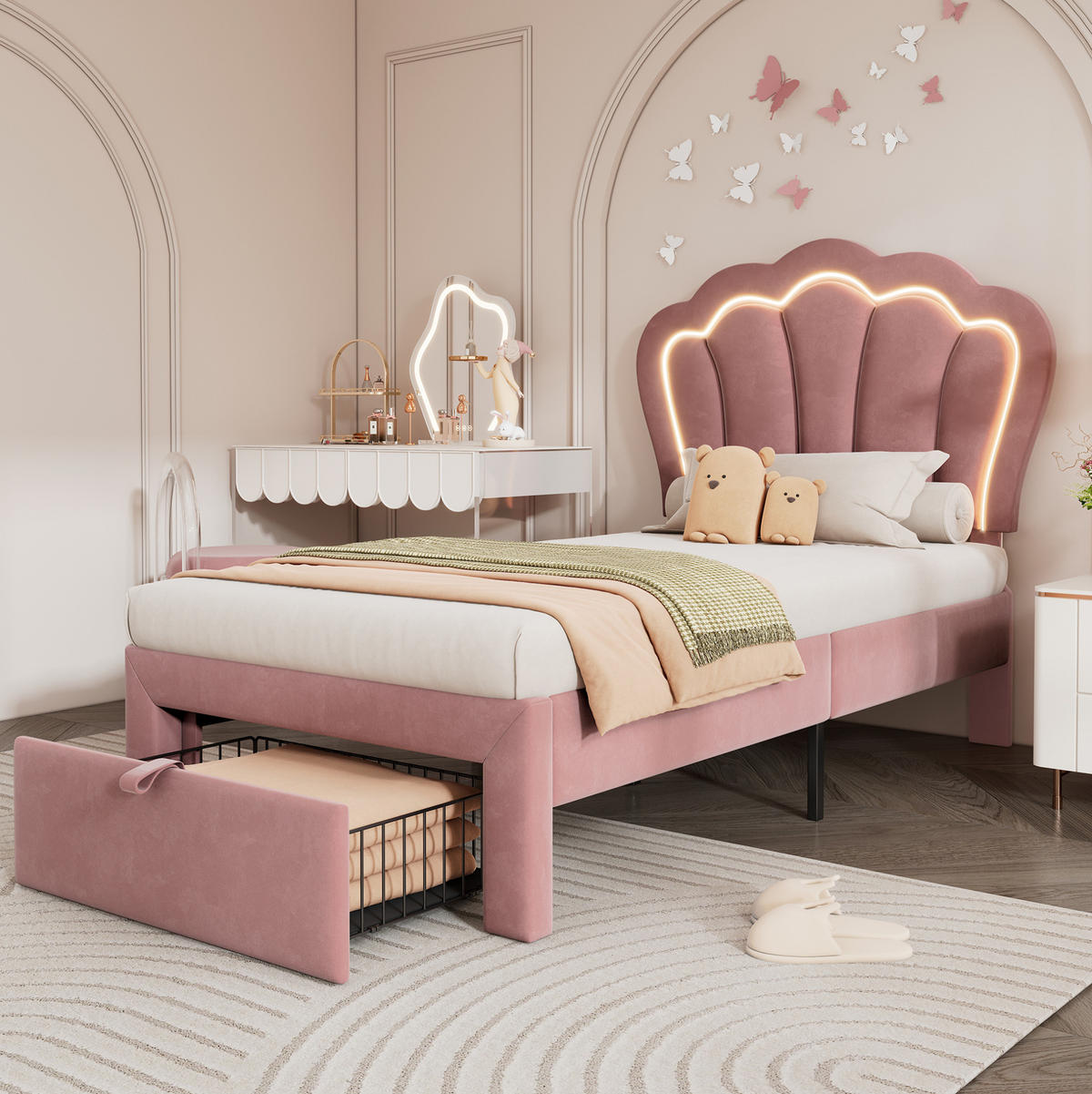 POLSTERBETT mit LED und Schublade 90x190 cm Samt Rosa - Pink, Metall (90/190cm) - Beauniv