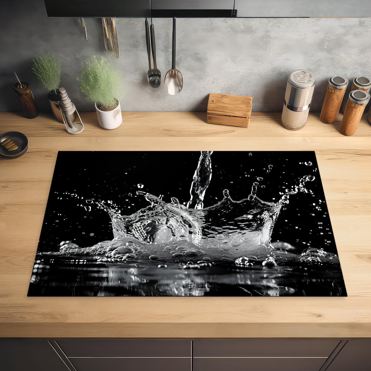 HERDABDECKPLATTE Wasser - Spritzwasser - Schwarz Induktionsmatte 81x52 cm - Schwarz, Kunststoff (81/52/0.2cm) - MuchoWow