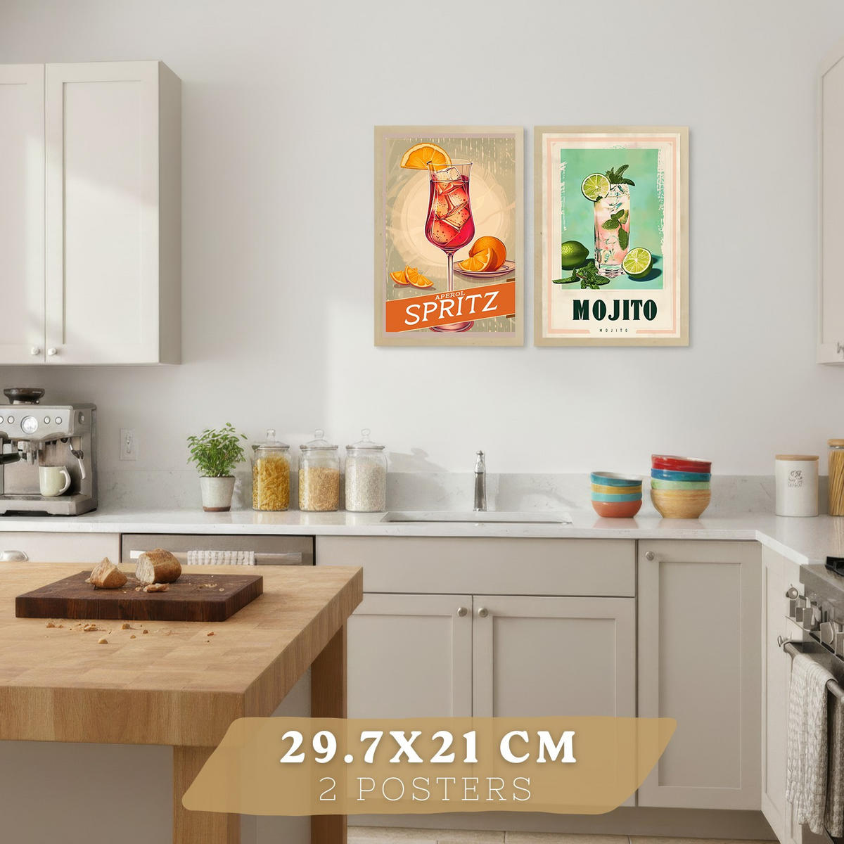 PLAKAT Sada 4 Koktejlový nápoj A4 Lehký dřevěný rám - béžová, papír (29.7/1/21cm) - Nacnic